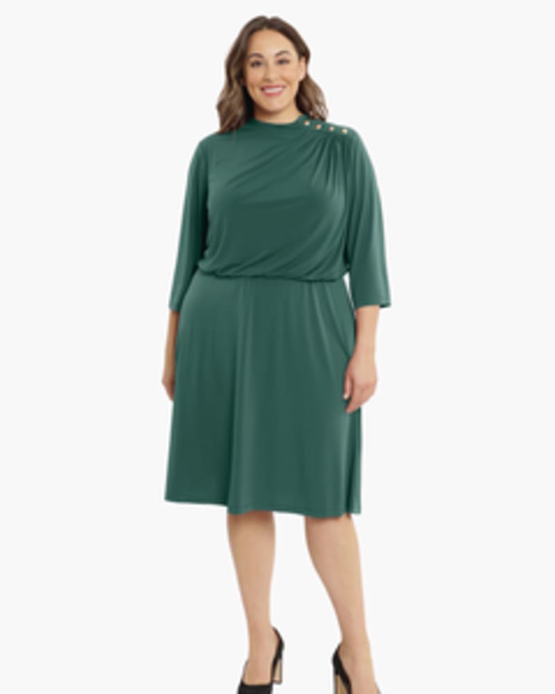 Front of a model wearing a size 14w Triahna Button-Shoulder Dress in Green by London Times. | dia_product_style_image_id:268586
